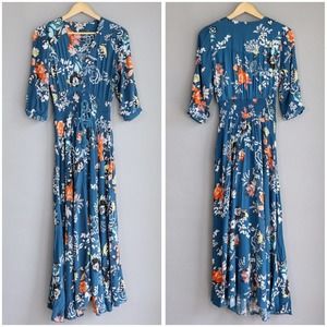 Jaase Dress Large Blue Midi Floral Button Front V Neck Smocked Waist